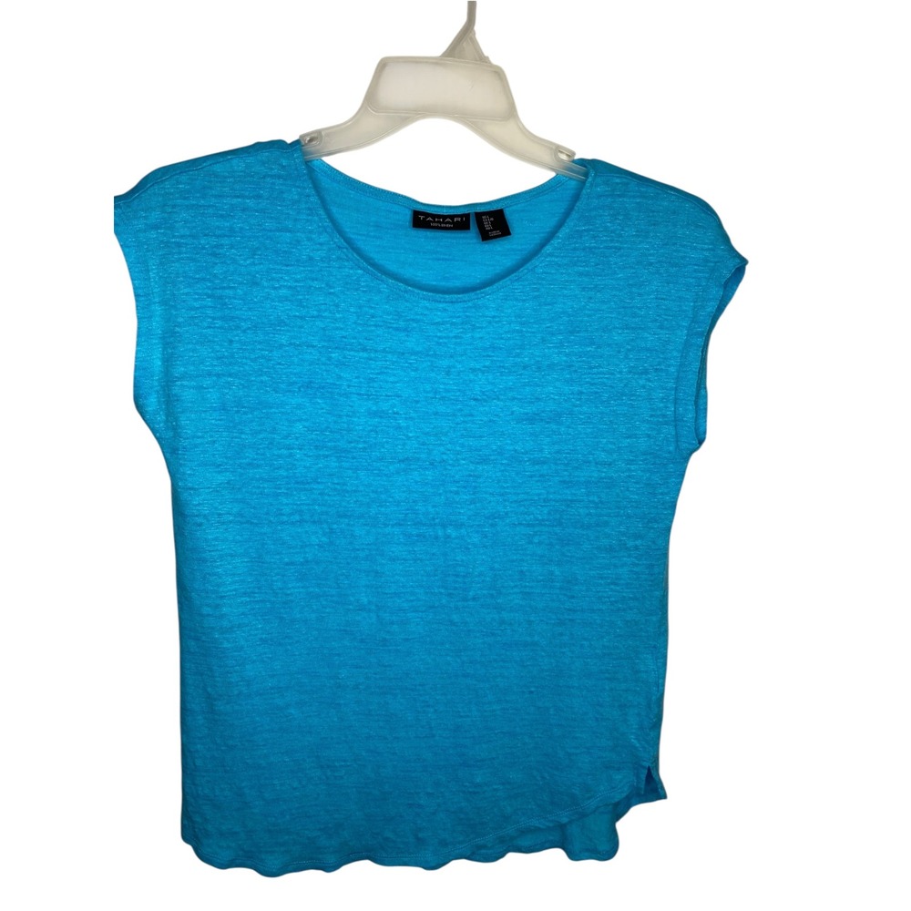 Tahari Womens Teal Blue 100% Linen Cap Sleeve Crew Neck Knit Top Size Large